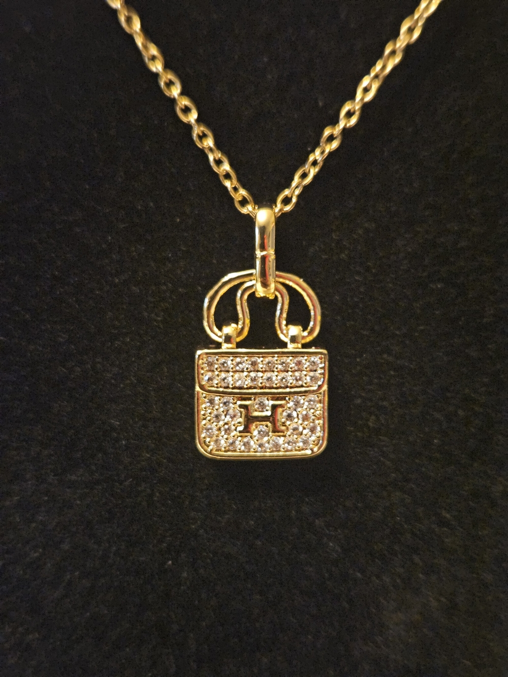 Gold-tone Padlock Pendant Necklace with Crystal Accents NWT Stainless Steel